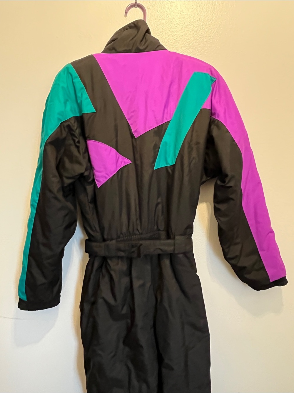 Vintage 80s 90s Black Ski Jumpsuit with Teal & Purple Colorblock White Fir 12 - Picture 7 of 9